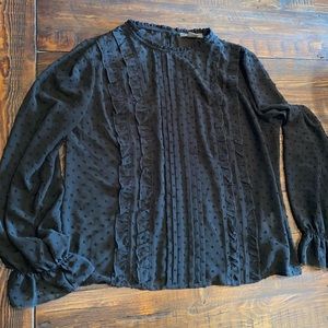 Suzy Shier black ruffle sheer blouse medium dot